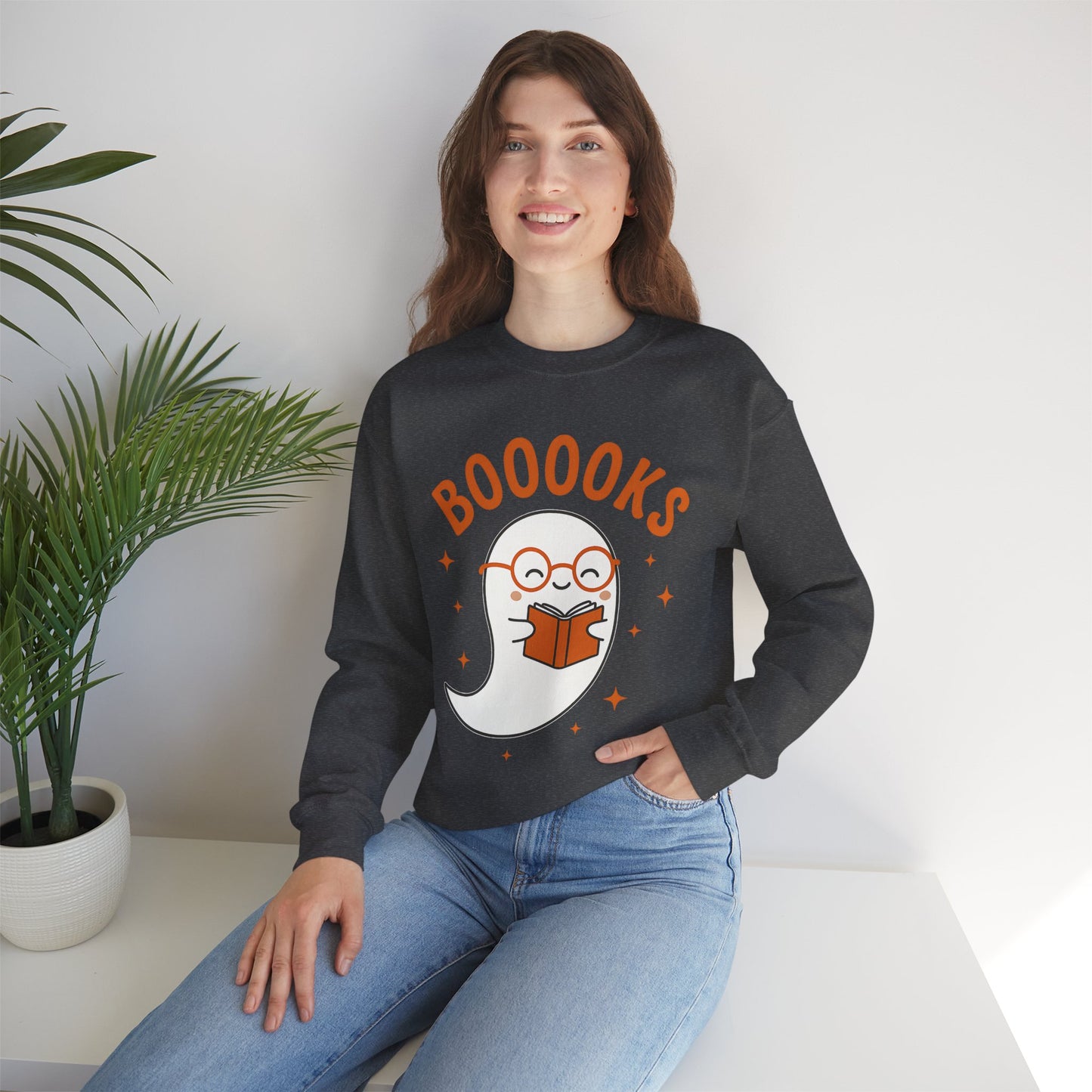 Boooooks Ghost Reading Sweatshirt - Halloween Fashion, Literary Gift, Bookworm Apparel
