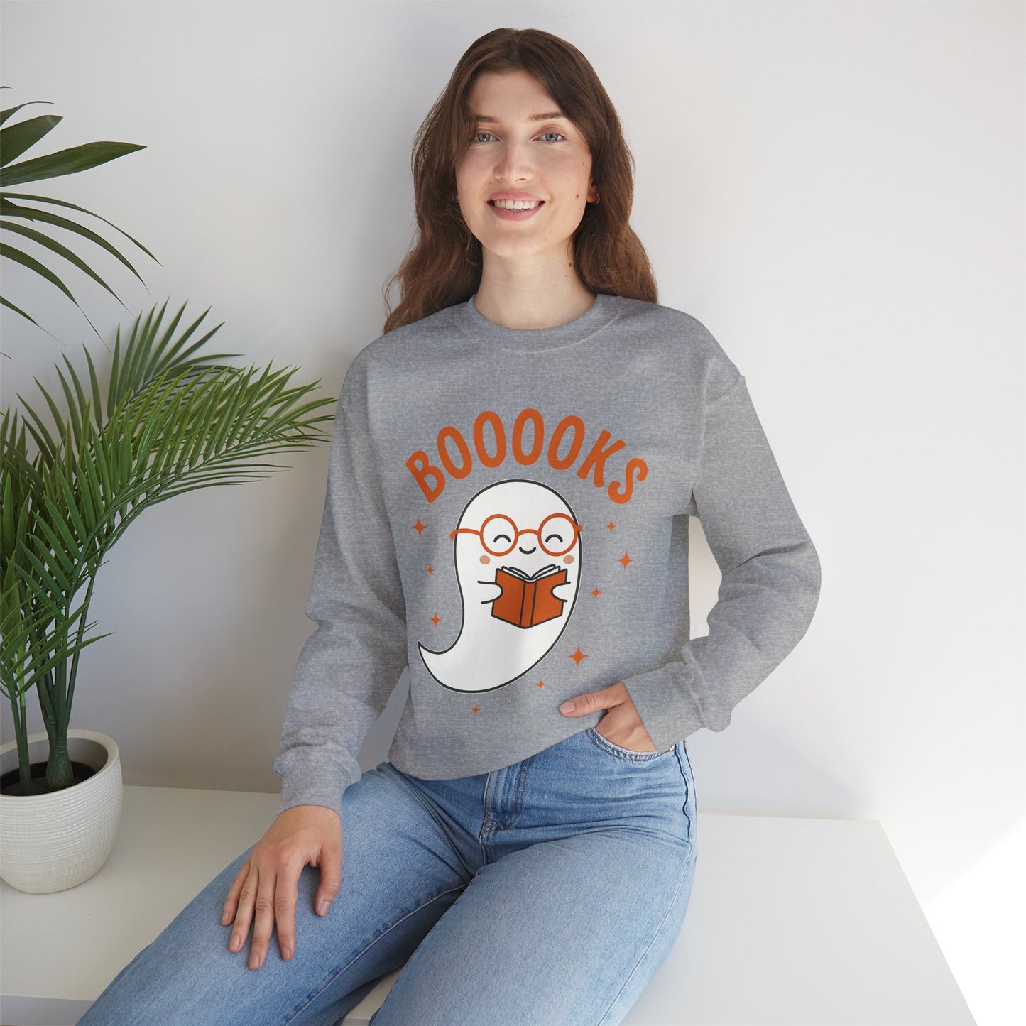 Boooooks Ghost Reading Sweatshirt - Halloween Fashion, Literary Gift, Bookworm Apparel
