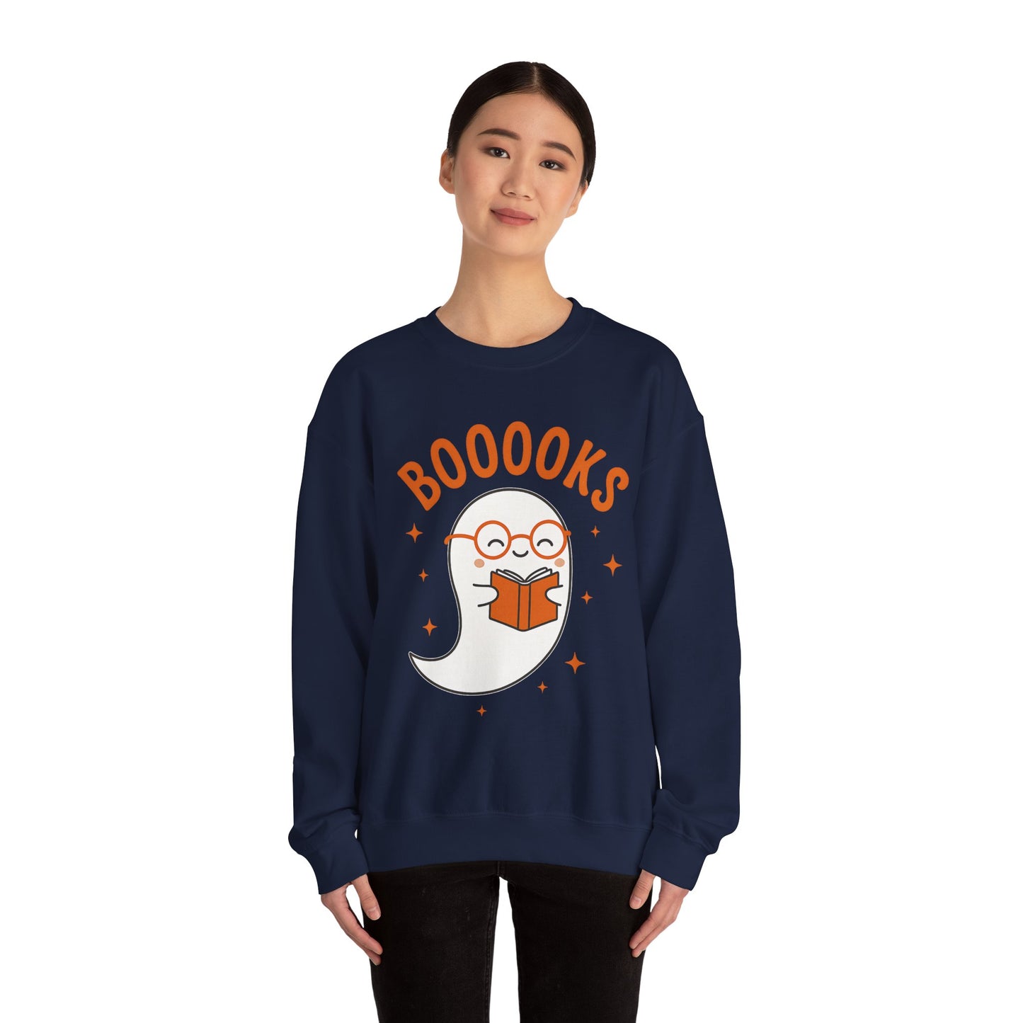 Boooooks Ghost Reading Sweatshirt - Halloween Fashion, Literary Gift, Bookworm Apparel