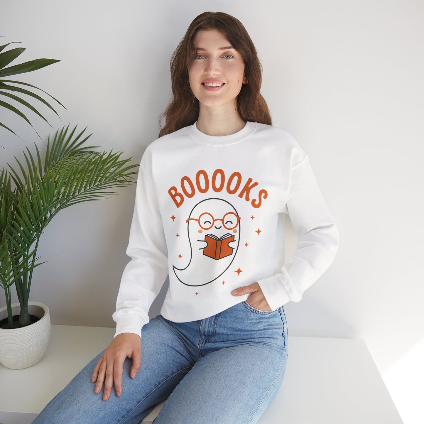 Boooooks Ghost Reading Sweatshirt - Halloween Fashion, Literary Gift, Bookworm Apparel