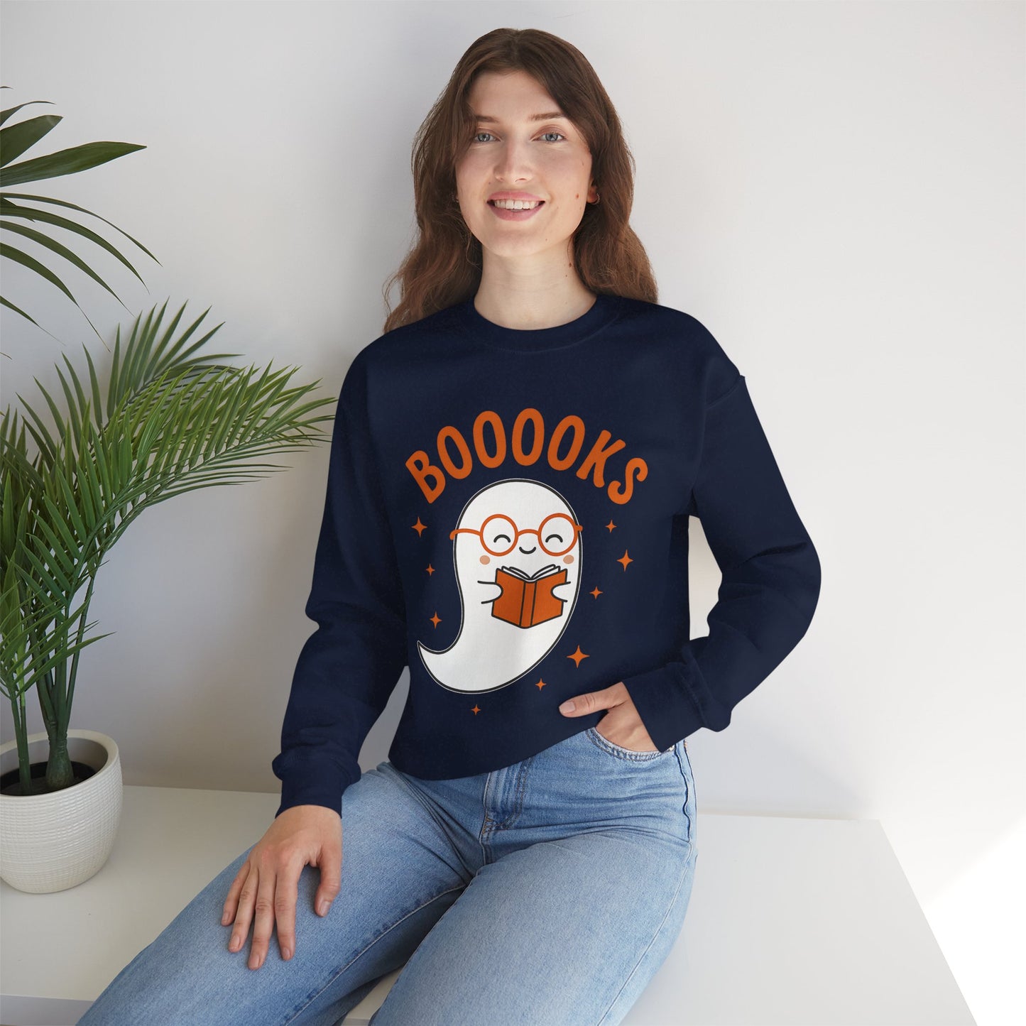 Boooooks Ghost Reading Sweatshirt - Halloween Fashion, Literary Gift, Bookworm Apparel