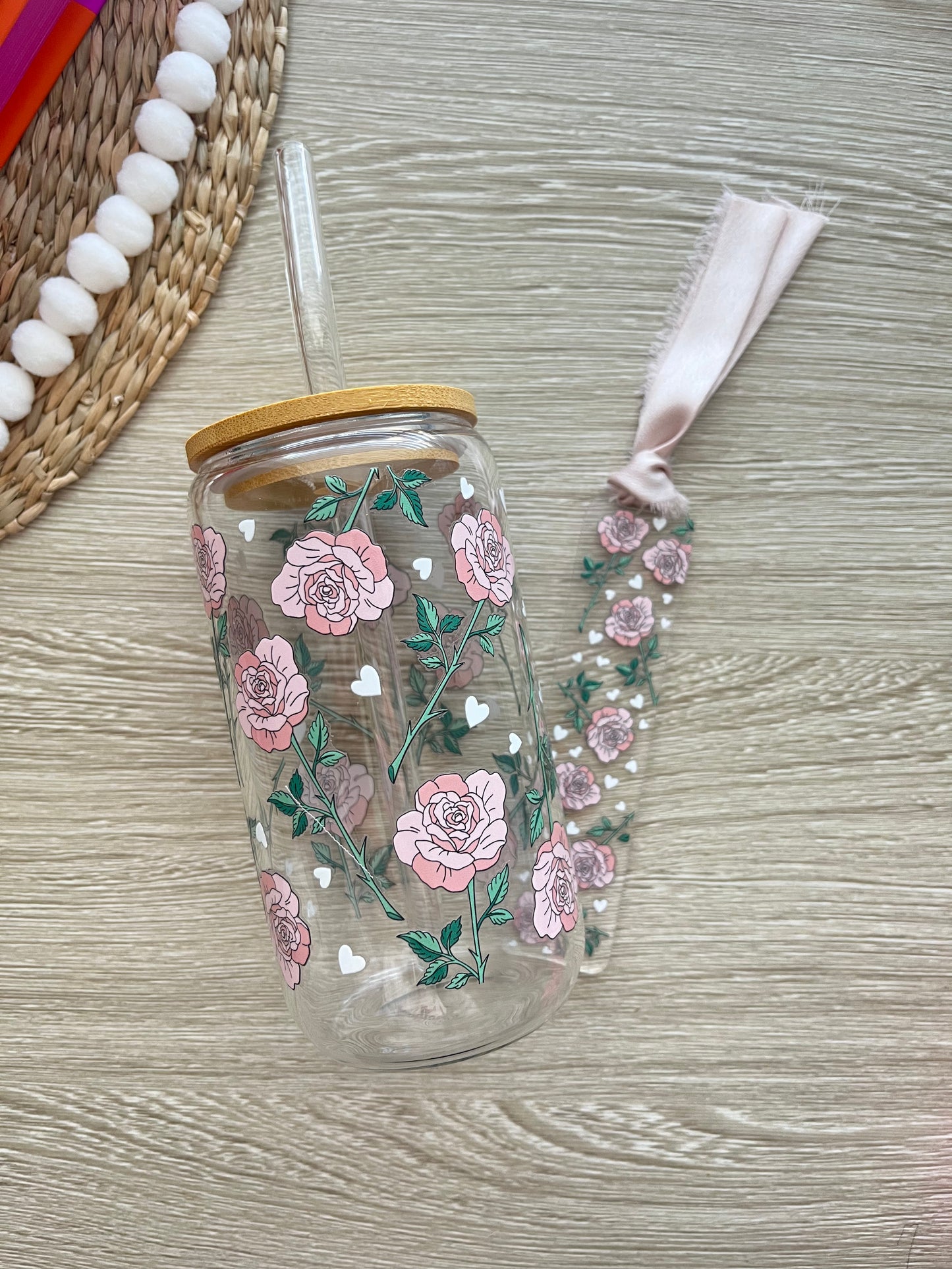 Pink Roses Glass Cup with Lid & Straw