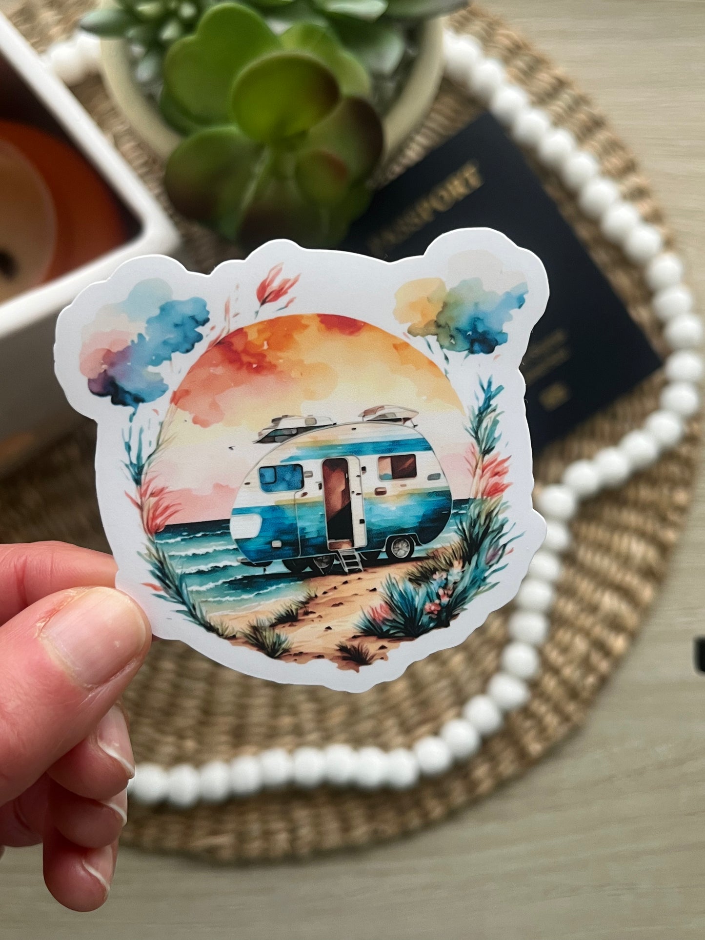 Camper on the Beach Travel Lover Sticker | Watercolor Camper Sticker