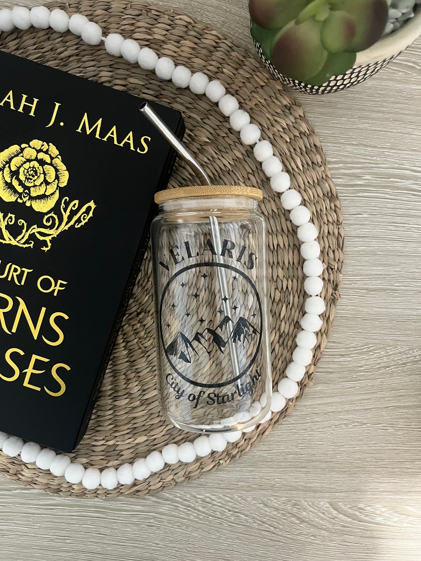 Velaris City of Starlight 16oz Glass Cup with Lid & Straw | ACOTAR Merch