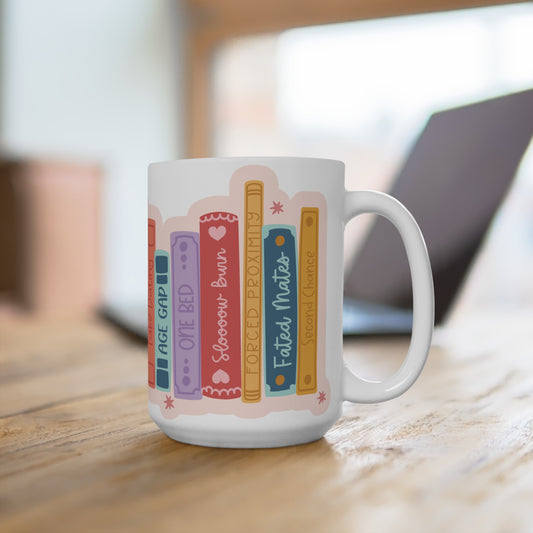 Romance Tropes Book Lover 15oz Coffee Cup | Great for Gifts, Reading Nook Decor, and Cozy Moments