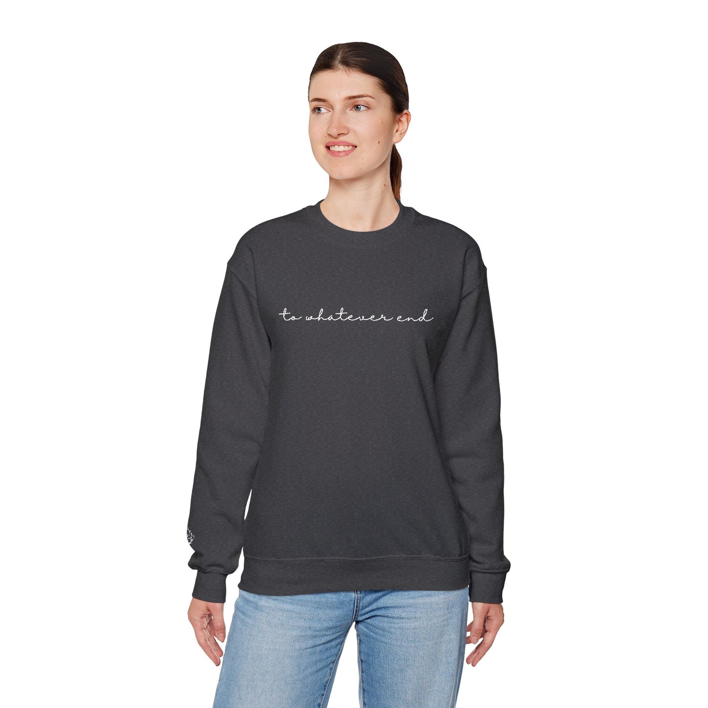 Throne of Glass "To Whatever End" Embroidered Crewneck Sweatshirt with Fireheart sleeve design