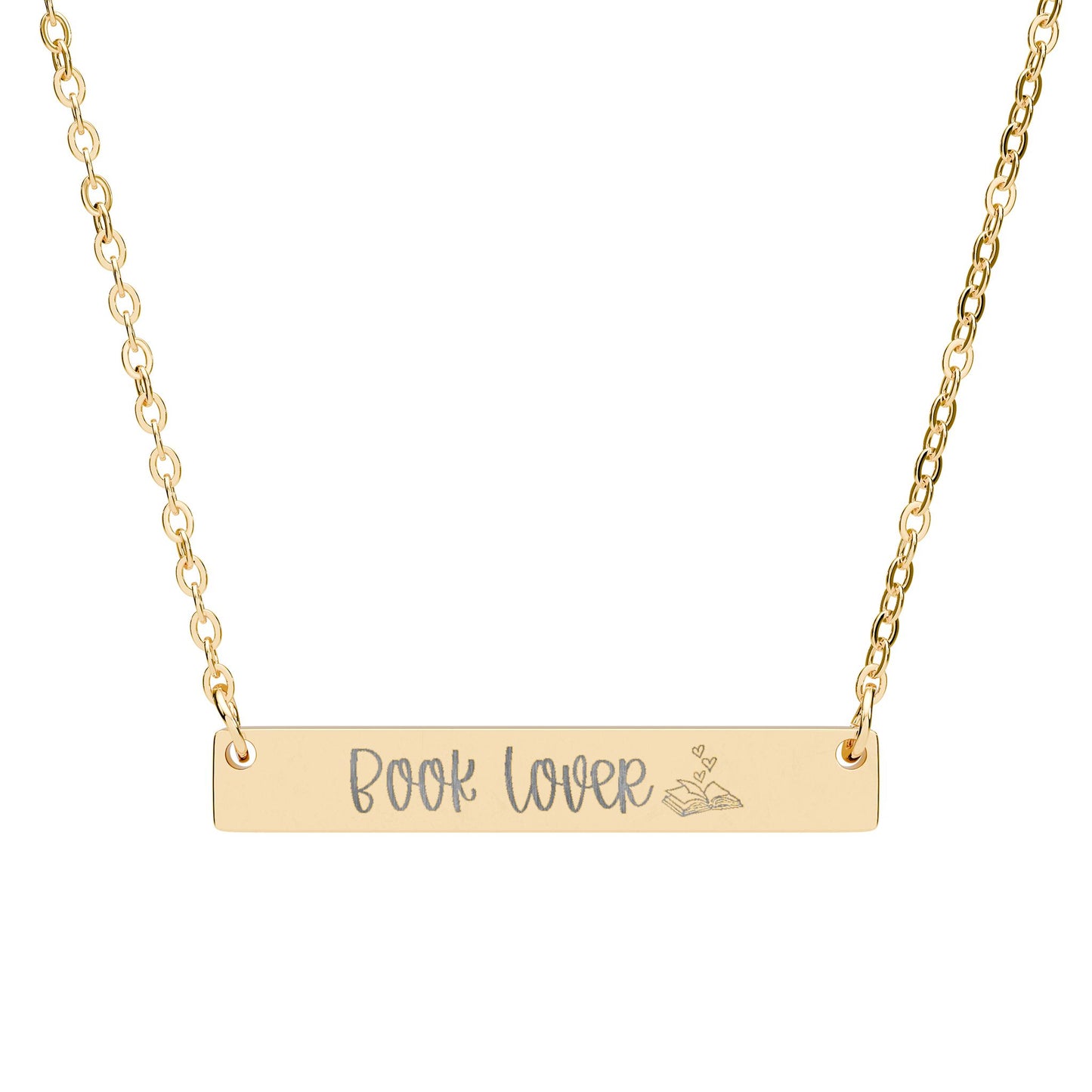 Book Lover Engraved Horizontal Bar Necklace — "Book Lover" Personalized Pendant