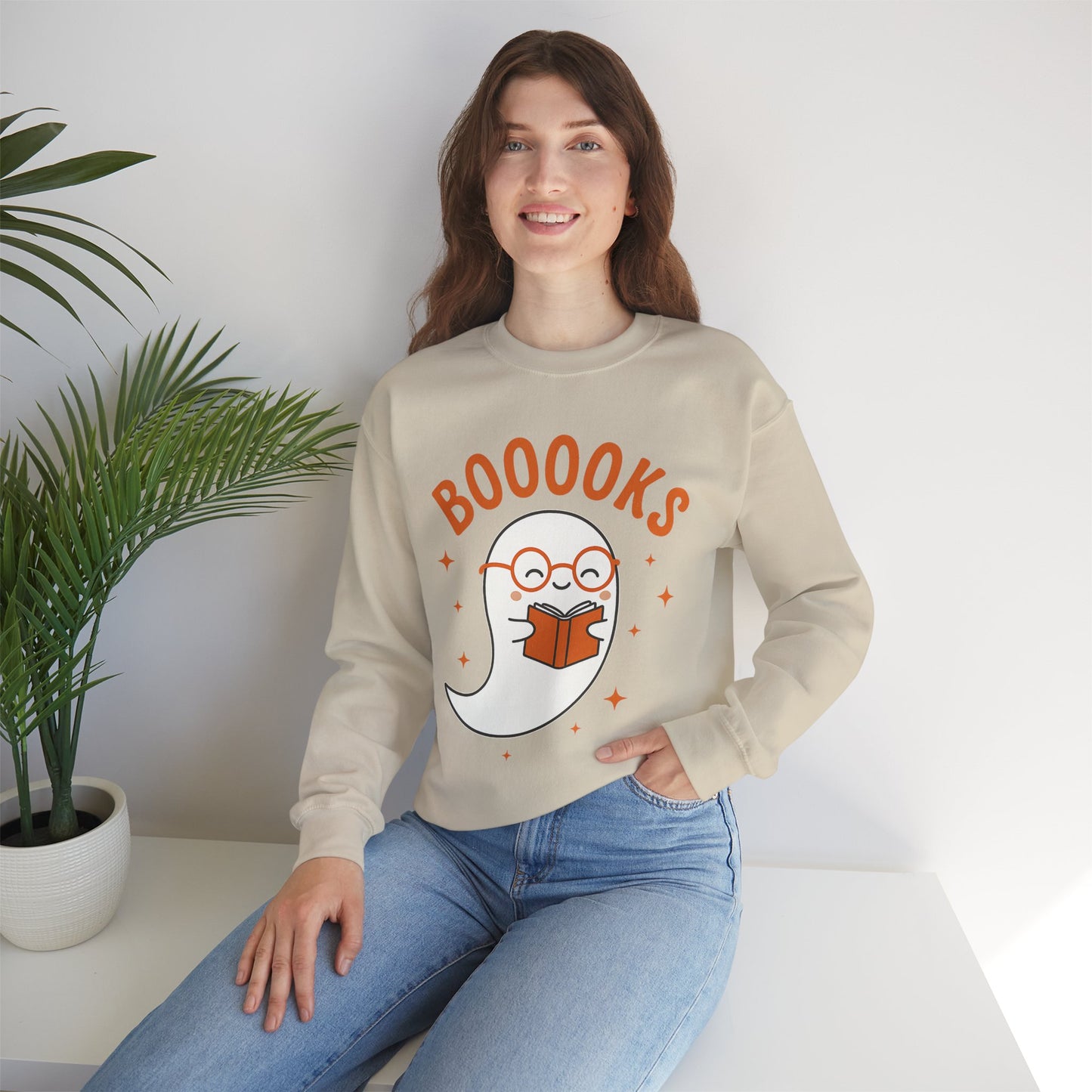 Boooooks Ghost Reading Sweatshirt - Halloween Fashion, Literary Gift, Bookworm Apparel