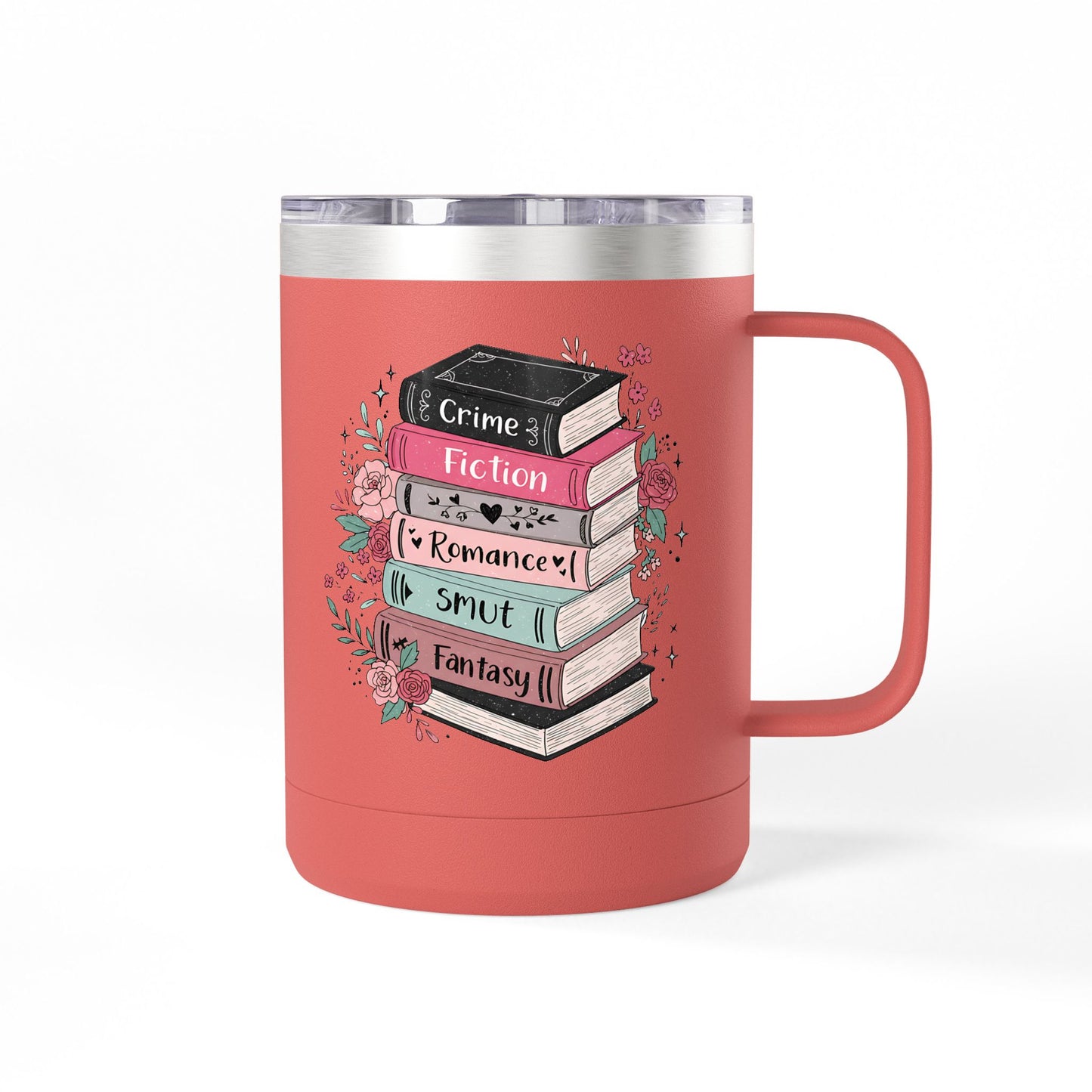 15oz Tumbler Mug — Stack of Books Design (‘Crime, Fiction, Romance, Smut, Fantasy’) | Gift for Book Lovers