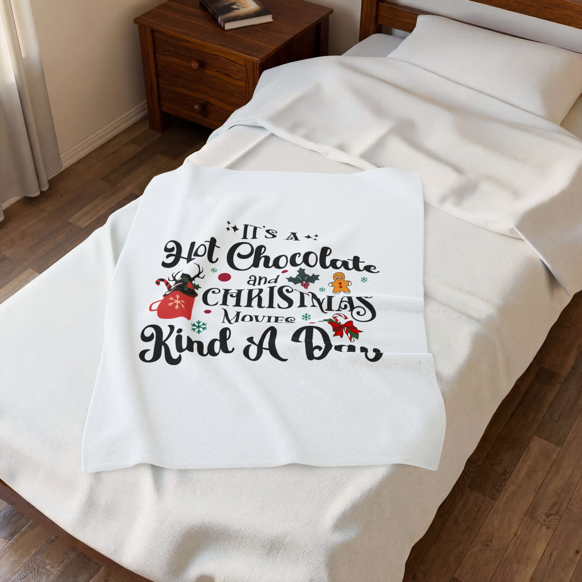 Christmas Hot Chocolate Plush Blanket — "It's a Hot Chocolate and Christmas Movies Kind a Day" Velveteen Throw