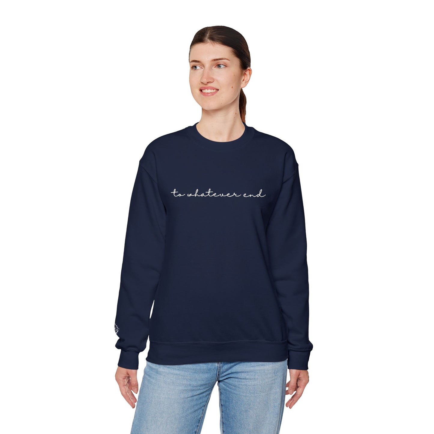 Throne of Glass "To Whatever End" Embroidered Crewneck Sweatshirt with Fireheart sleeve design