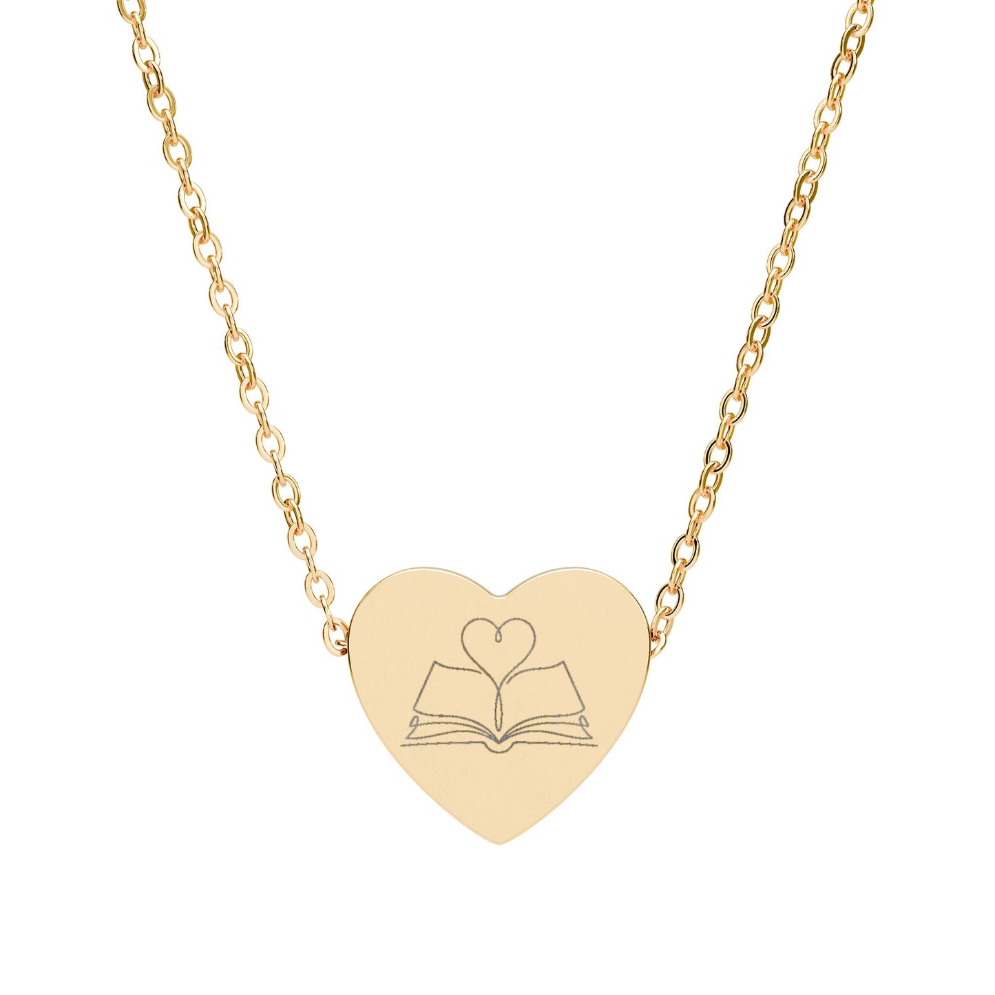 Simple Book Heart Necklace — Engraved Open Book & Heart Pendant