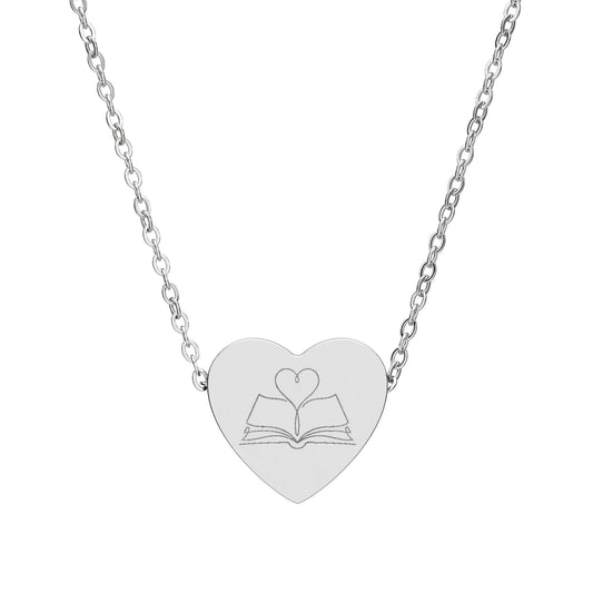 Simple Book Heart Necklace — Engraved Open Book & Heart Pendant