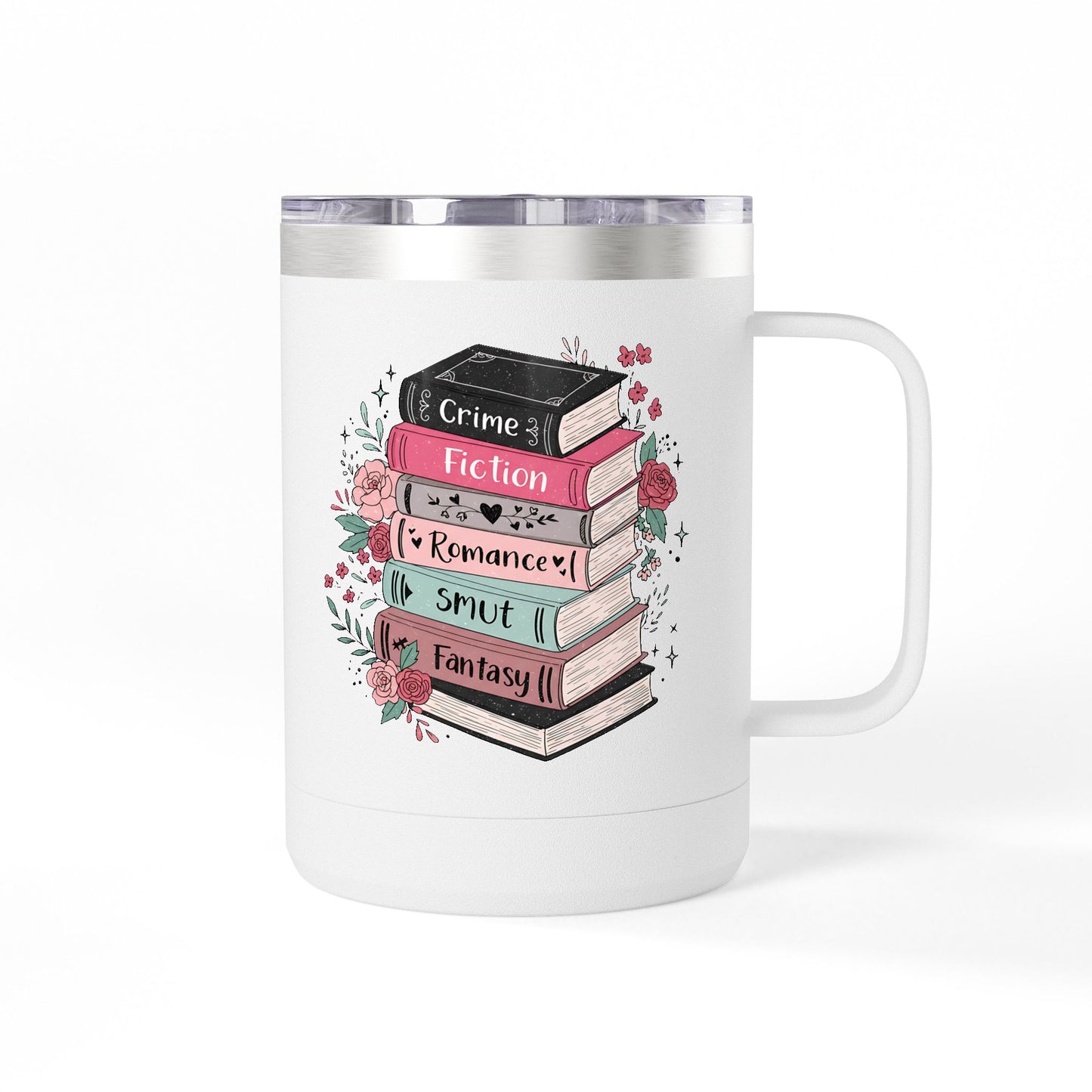 15oz Tumbler Mug — Stack of Books Design (‘Crime, Fiction, Romance, Smut, Fantasy’) | Gift for Book Lovers