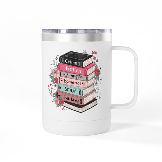 15oz Tumbler Mug — Stack of Books Design (‘Crime, Fiction, Romance, Smut, Fantasy’) | Gift for Book Lovers