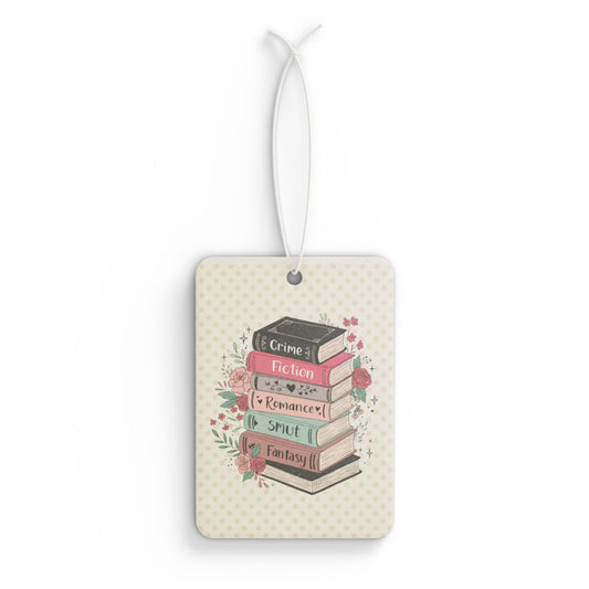 Book Lover Car Air Freshener — Stack of Genres (Fiction, Romance, Sci‑Fi, Fantasy)