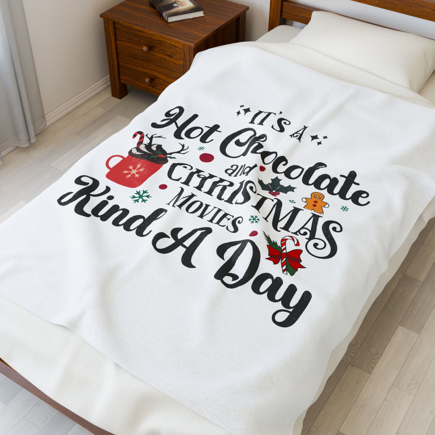 Christmas Hot Chocolate Plush Blanket — "It's a Hot Chocolate and Christmas Movies Kind a Day" Velveteen Throw