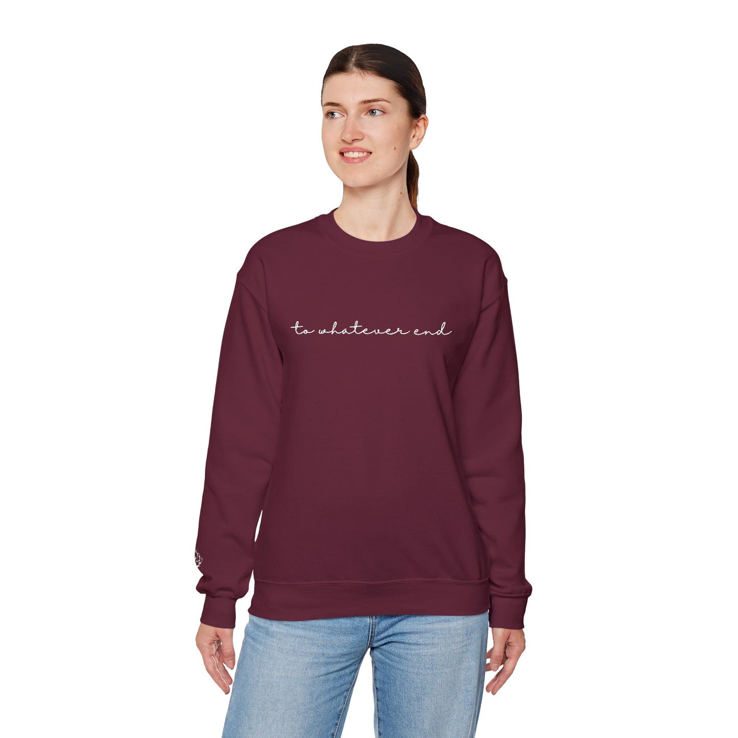 Throne of Glass "To Whatever End" Embroidered Crewneck Sweatshirt with Fireheart sleeve design