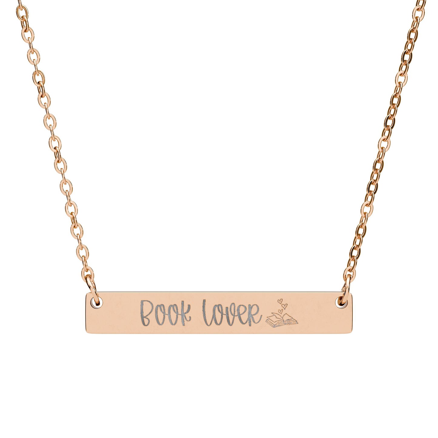 Book Lover Engraved Horizontal Bar Necklace — "Book Lover" Personalized Pendant