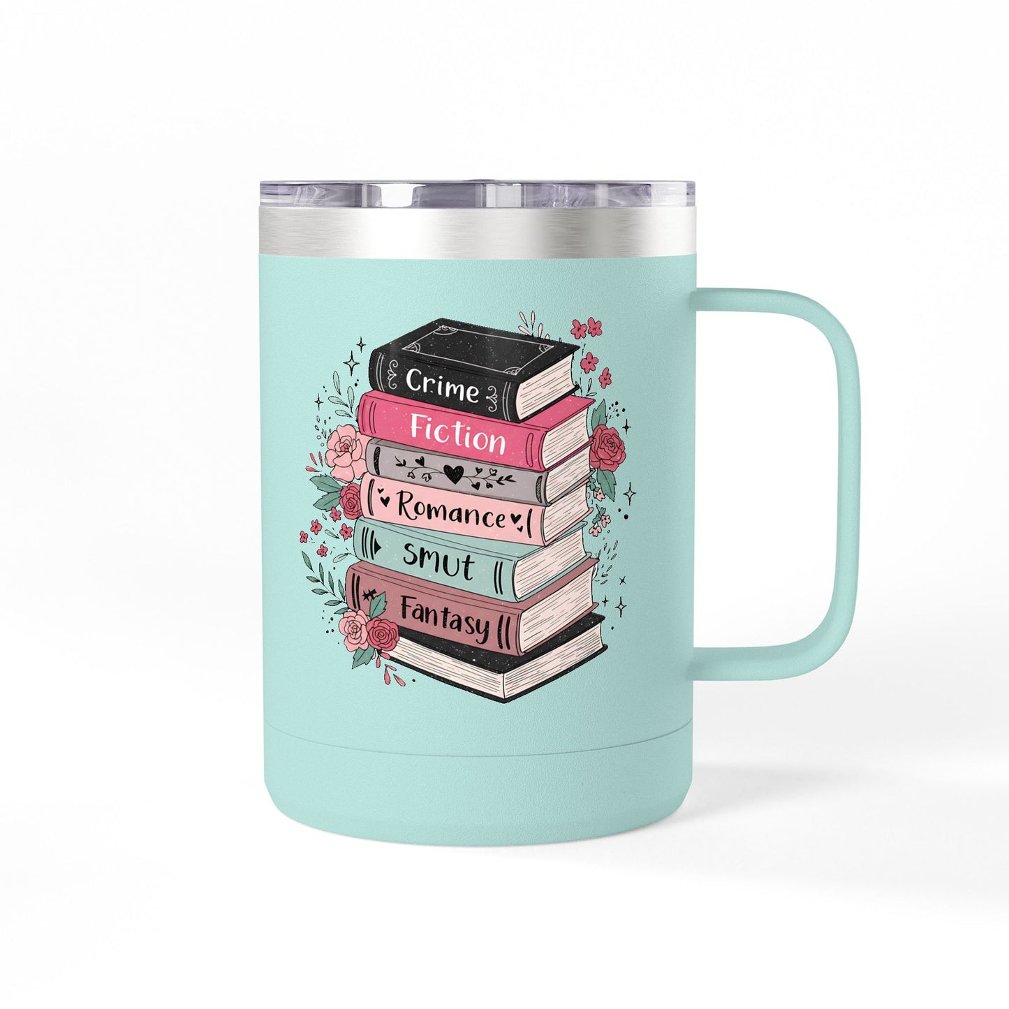15oz Tumbler Mug — Stack of Books Design (‘Crime, Fiction, Romance, Smut, Fantasy’) | Gift for Book Lovers