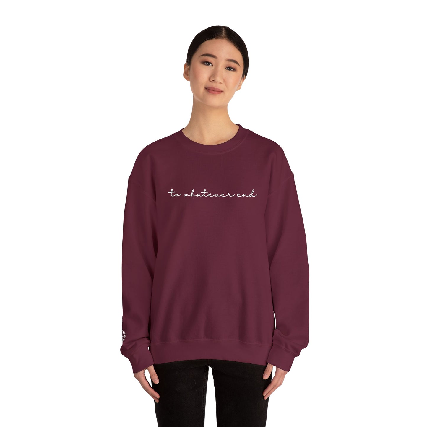 Throne of Glass "To Whatever End" Embroidered Crewneck Sweatshirt with Fireheart sleeve design