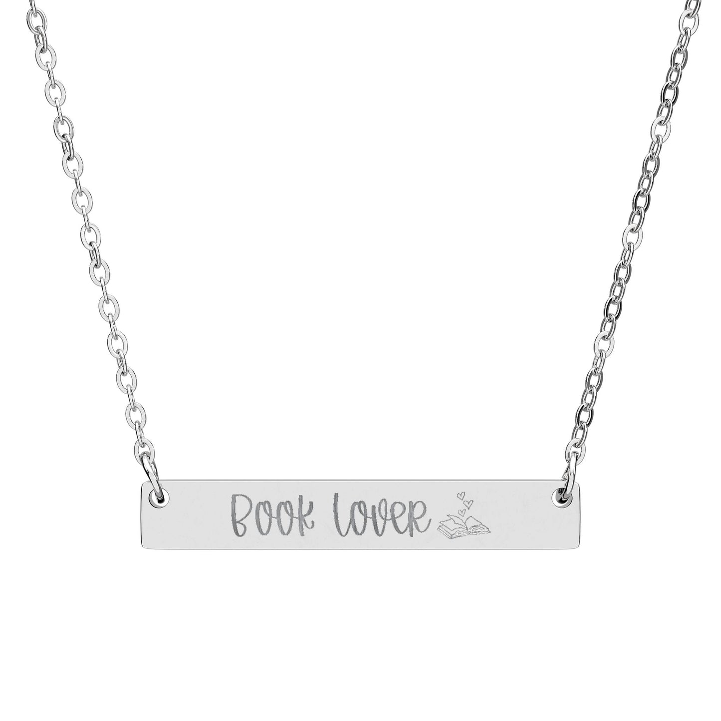 Book Lover Engraved Horizontal Bar Necklace — "Book Lover" Personalized Pendant