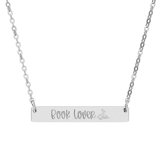 Book Lover Engraved Horizontal Bar Necklace — "Book Lover" Personalized Pendant