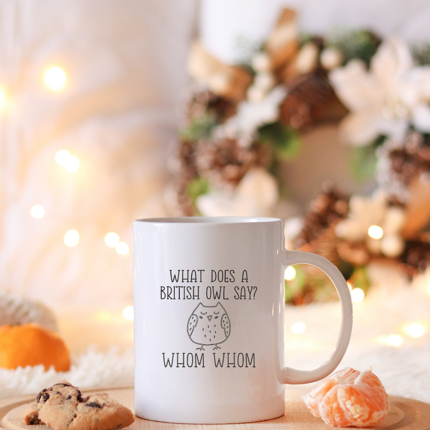 British Owl Joke Mug | Dad Joke Mug | What Does a British Owl Say? Whom Whom