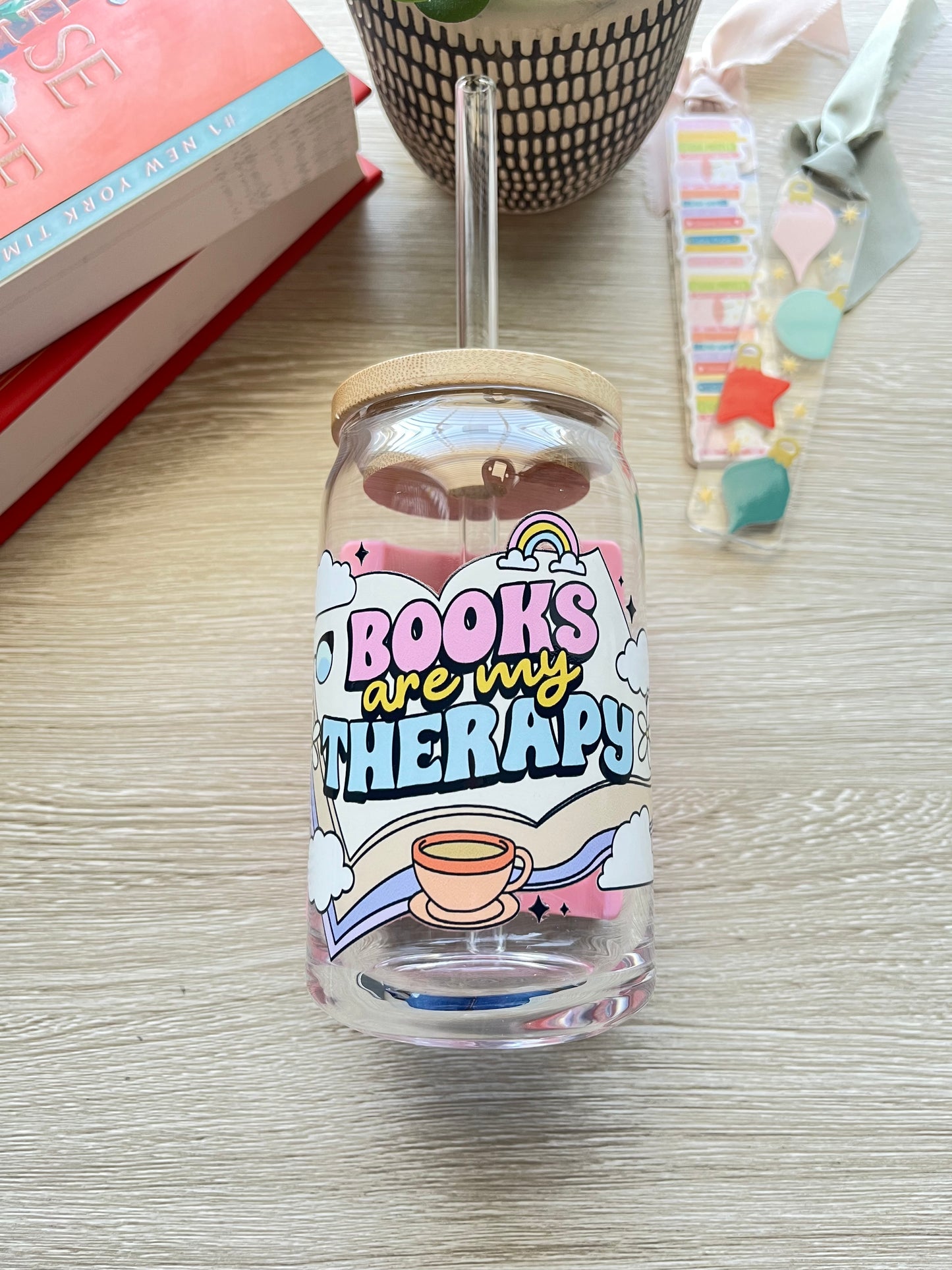 Books Are My Therapy Glass Cup with Lid & Straw