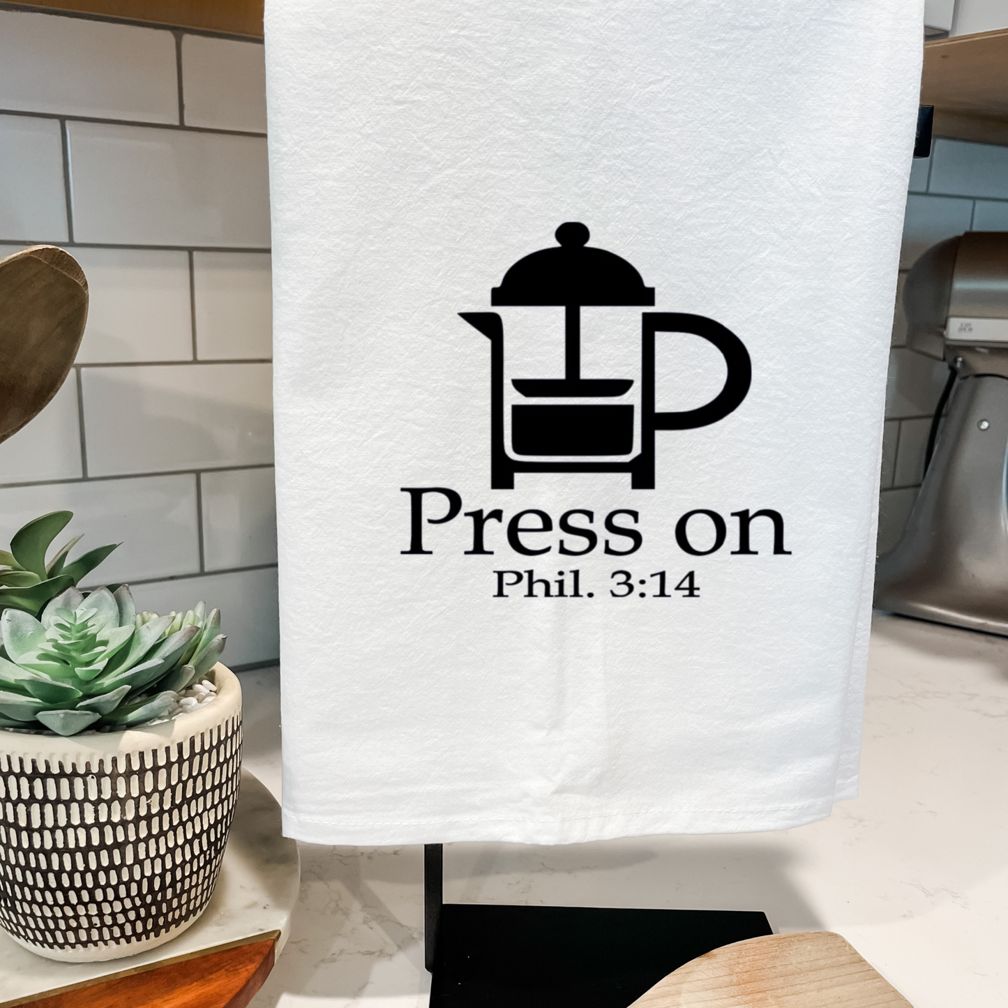 Press On | Phil. 3:14 Bible Verse Dish Towel