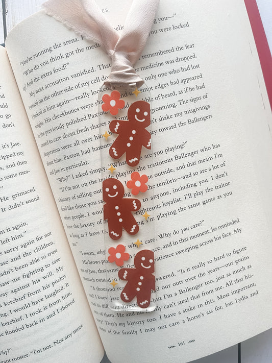 Brown Gingerbread Men with Flowers Holiday Acrylic Bookmark