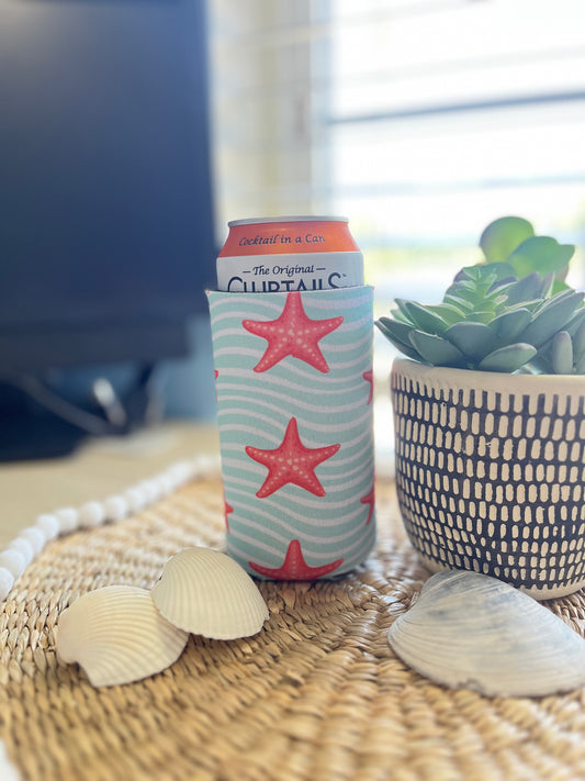 Starfish and Waves 12oz Slim Can Coolie