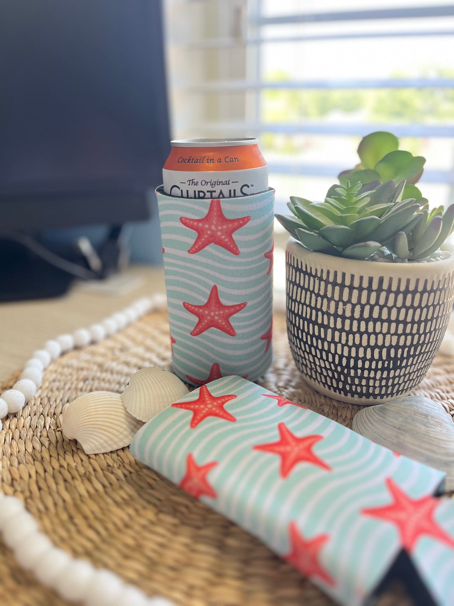 Starfish and Waves 12oz Slim Can Coolie