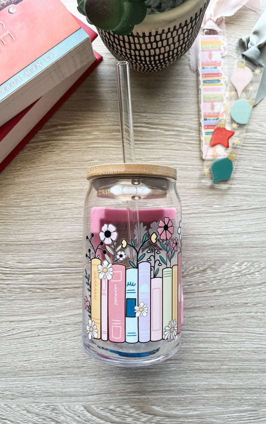 Pastel Book Row with Flowers Glass Cup with Lid & Straw