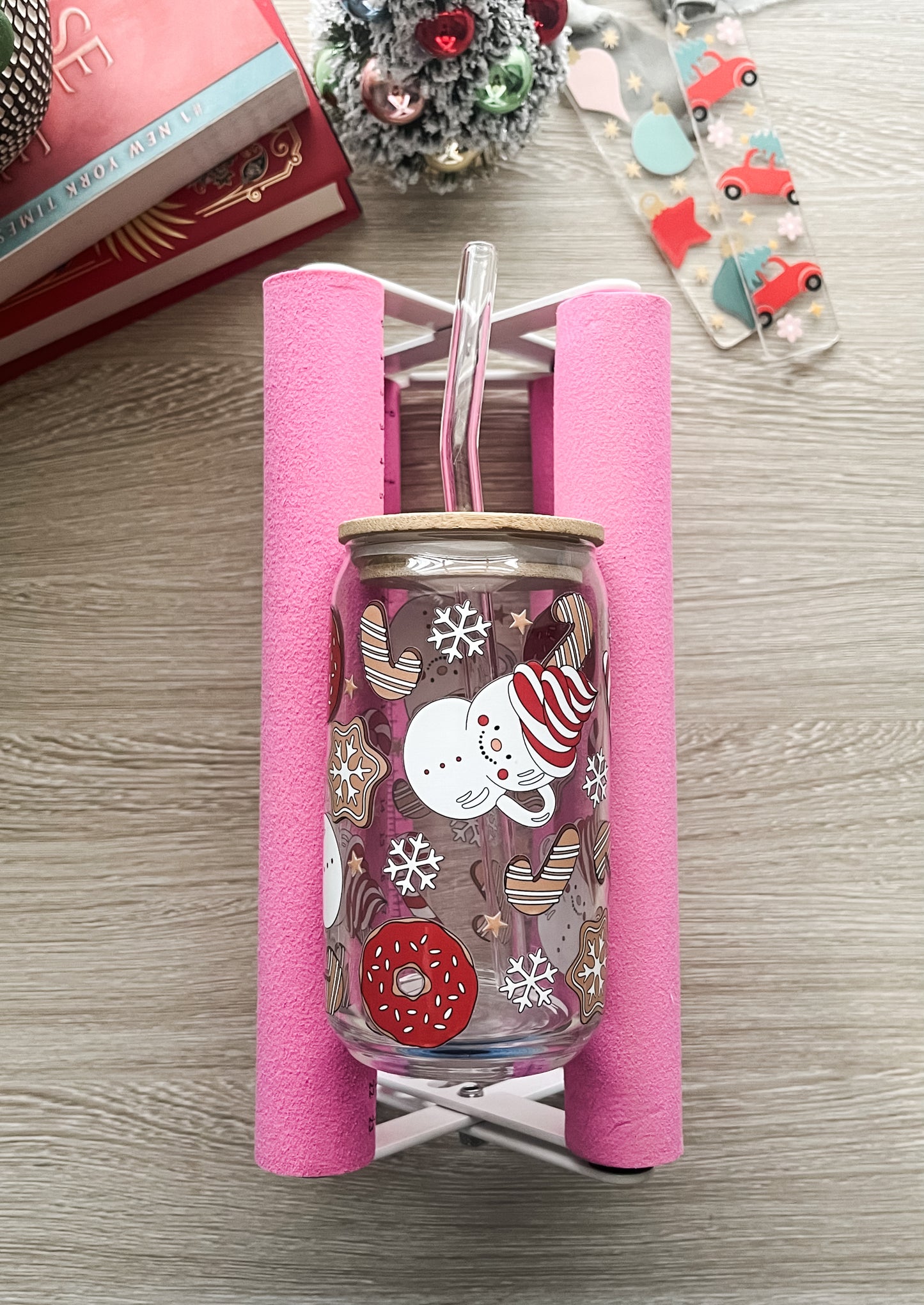 Snowman Cup with Donuts Holiday Glass Cup with Lid & Straw