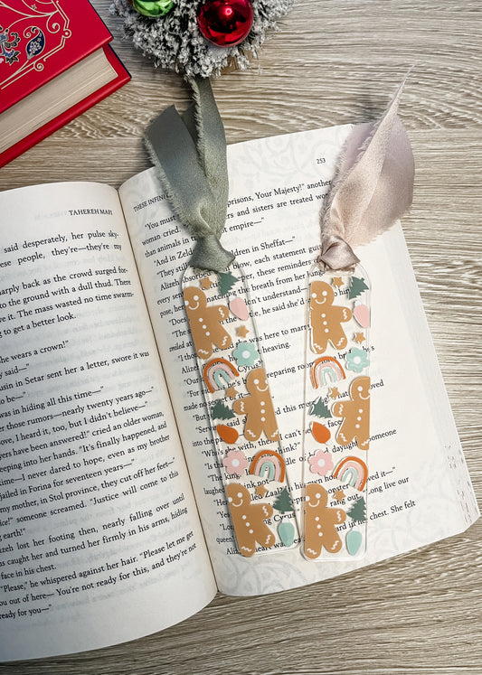 Boho Neutral Gingerbread Men with Rainbows Holiday Acrylic Bookmark