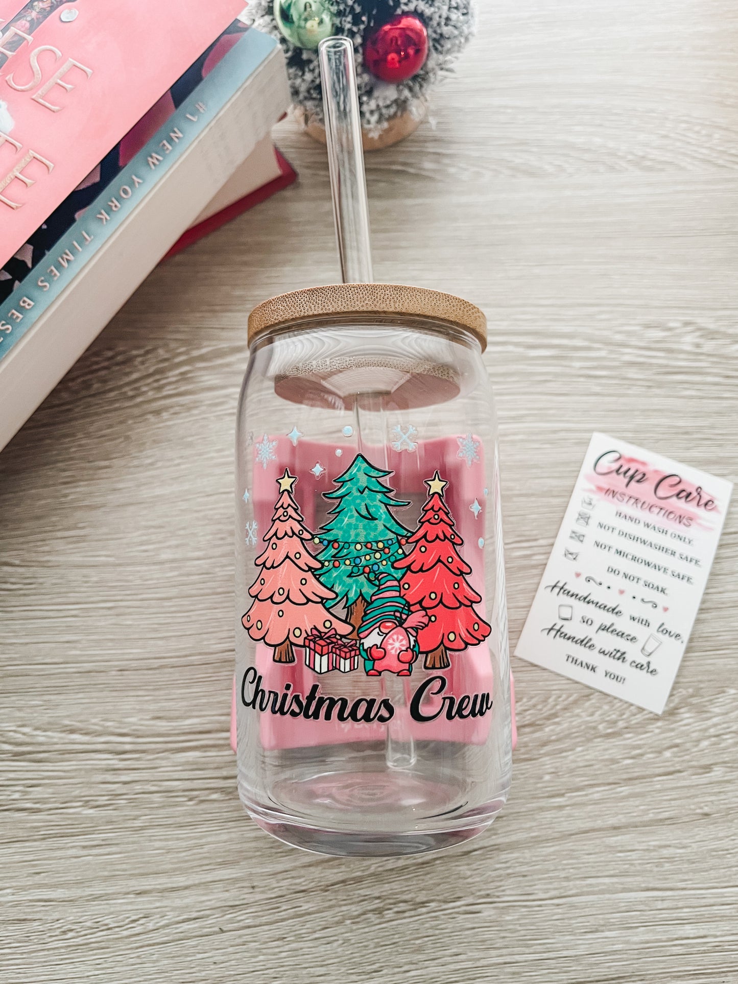 Christmas Crew Christmas Trees & Gnome Holiday Glass Cup with Lid & Straw