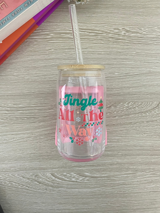 Jingle All The Way Holiday Glass Cup with Lid & Straw