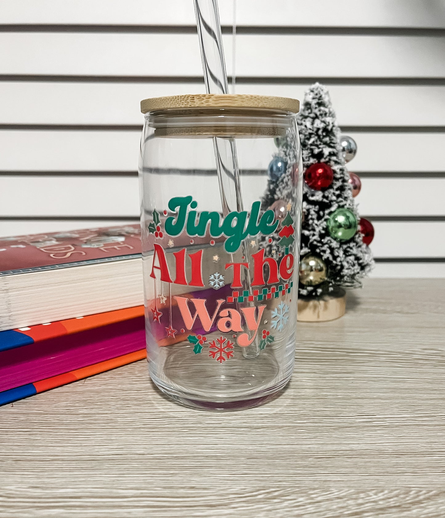 Jingle All The Way Holiday Glass Cup with Lid & Straw