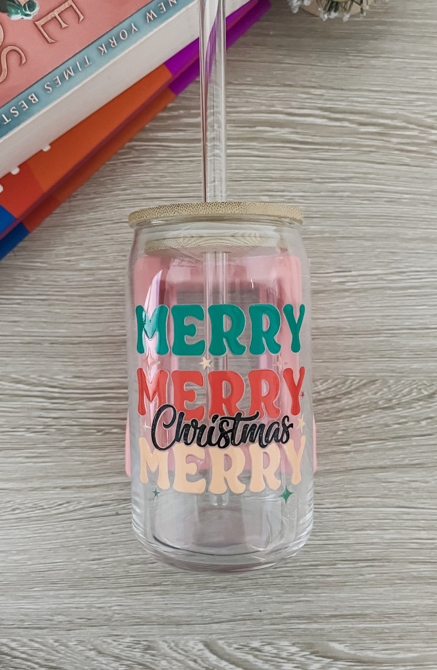 Merry Christmas Holiday Glass Cup with Lid & Straw