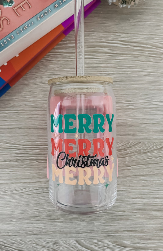 Merry Christmas Holiday Glass Cup with Lid & Straw