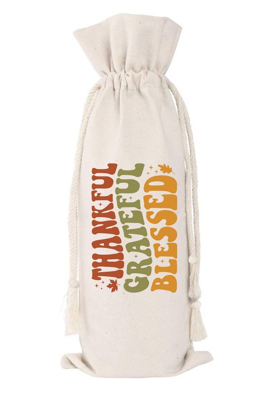 Thankful Grateful Blessed Canvas Wine Bag | Thanksgiving | Fall Hostess Gift